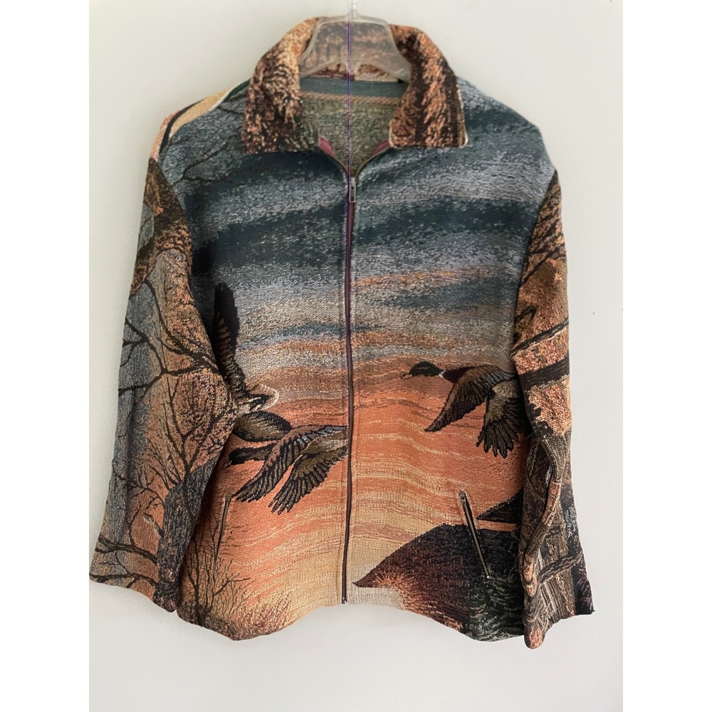 Vintage Woven Upcycled Tapestry Mallard Duck Scenic Jacket XL Full Zip Nature